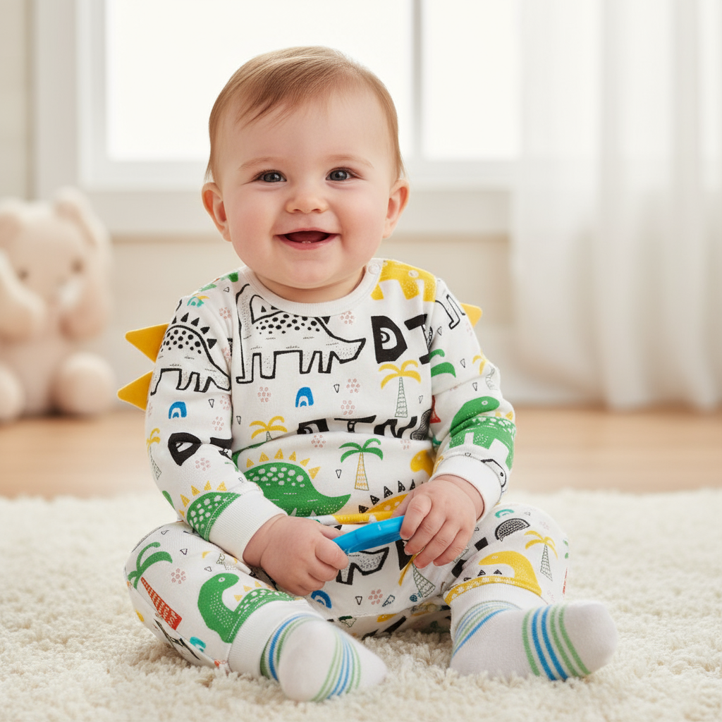 Smiling baby wearing a Baby Dinosaur Jumpsuit with 3D spikes, made of soft cotton, highlighting a playful dinosaur design. Perfect for infants and toddlers.