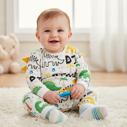 Smiling baby wearing a Baby Dinosaur Jumpsuit with 3D spikes, made of soft cotton, highlighting a playful dinosaur design. Perfect for infants and toddlers.