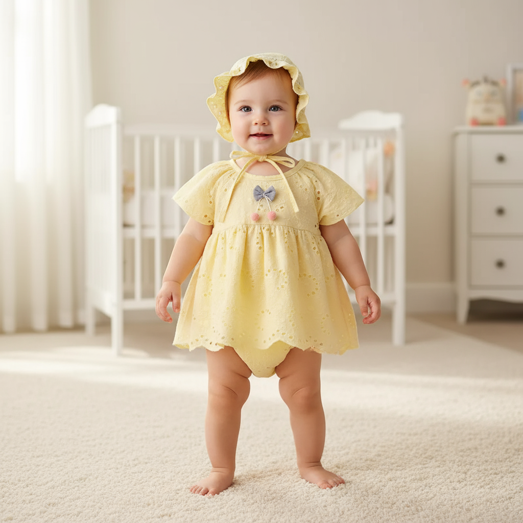 Cheerful baby in a yellow baby romper dress with matching hat, standing in a bright nursery. Ideal summer outfit for little ones!