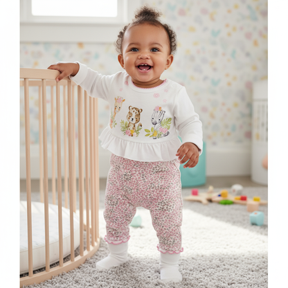 Happy baby girl wearing the Baby Girl Deer Heart Jumpsuit, Soft Cotton, Long Sleeve by Hushies, standing in a stylish nursery with a ruffled waist detail.