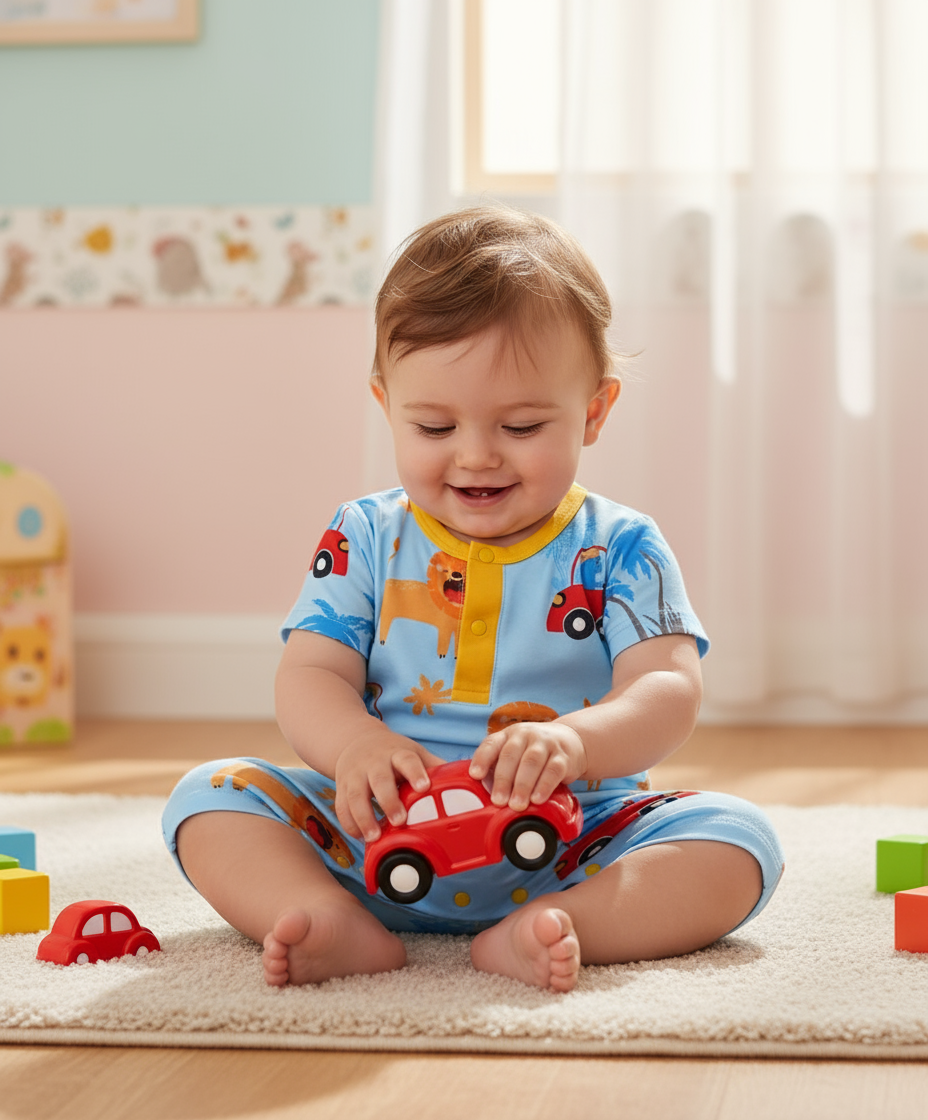 Cheerful toddler in Lion & Wheels Playtime Baby Boy Romper, laughing while playing with a red car on a cozy rug, making it an ideal outfit for fun playtime romp for boys.