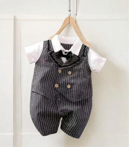 Cute baby boy's gentleman jumpsuit with a white shirt, black pinstripe vest, and bow tie, perfect for special occasions.