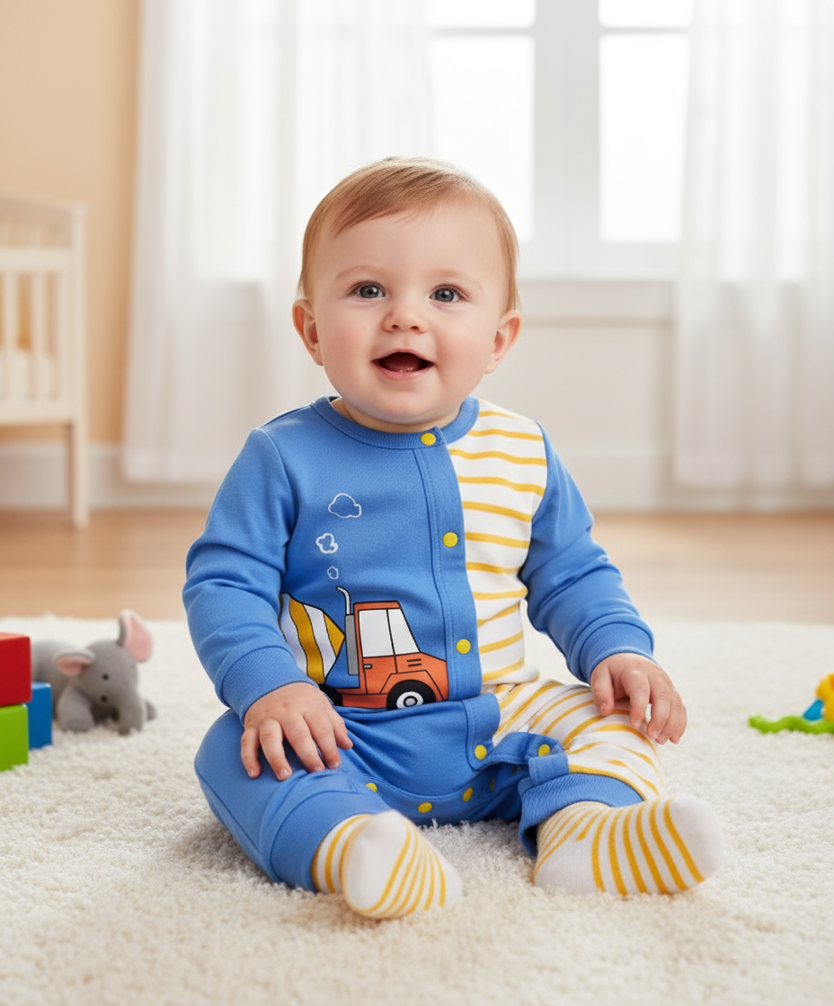 Baby Boy Tiny Builder Jumpsuit, a cheerful baby sitting on the floor wearing a builder themed baby outfit with bright colors and a truck design, perfect for playful moments.