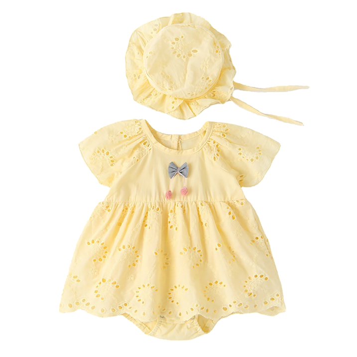 Light yellow eyelet cotton baby romper dress with a grey bow and matching sun hat.