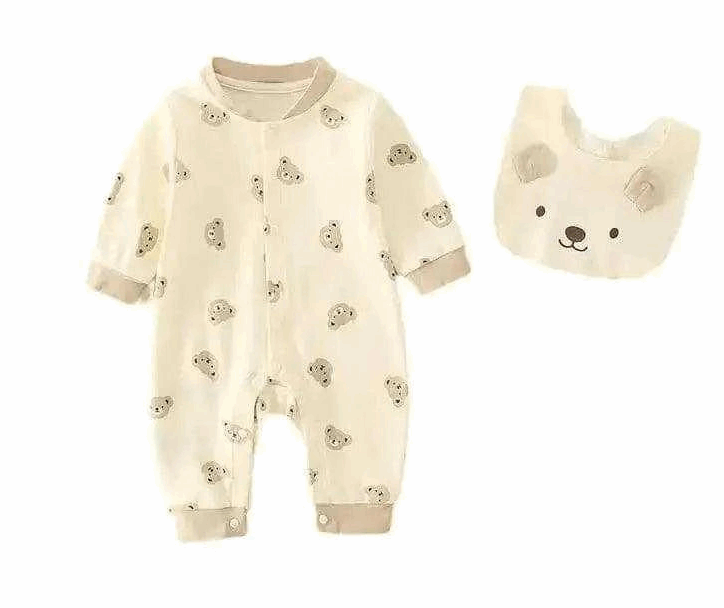 Baby Bear Jumpsuit & Bib Set for Infants includes a jumpsuit and matching bib with cute bear print, crafted from soft cotton fabric.