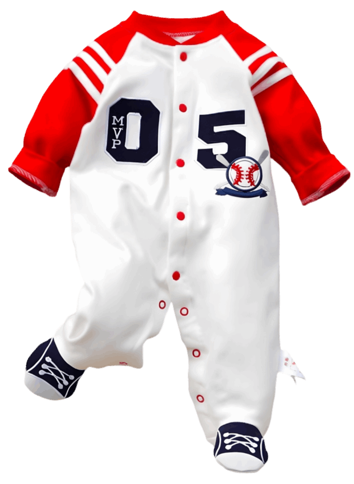 The Baseball Themed Baby Outfit - Infant MVP Cotton Footed Jumpsuit displayed flat, showcasing its vibrant colors and adorable baseball design.