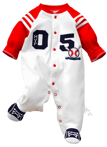 The Baseball Themed Baby Outfit - Infant MVP Cotton Footed Jumpsuit displayed flat, showcasing its vibrant colors and adorable baseball design.