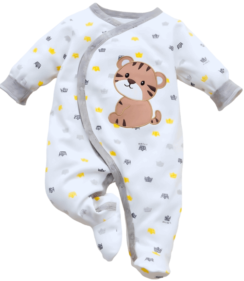 King Bear Crown Cotton Footed Jumpsuit for Baby Boys displayed on a mannequin, showcasing its adorable tiger design and cozy material, perfect for a cotton baby jumpsuit.