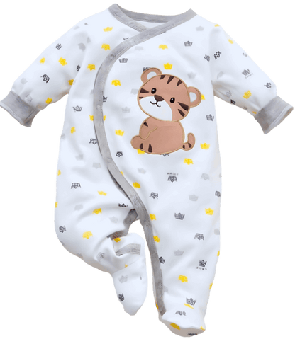 King Bear Crown Cotton Footed Jumpsuit for Baby Boys displayed on a mannequin, showcasing its adorable tiger design and cozy material, perfect for a cotton baby jumpsuit.