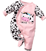 Cute Cow Print Baby Jumpsuit in Soft Cotton for Girls with Footed Design & Snap Closure displayed beautifully, highlighting the playful cow print and pink accents.