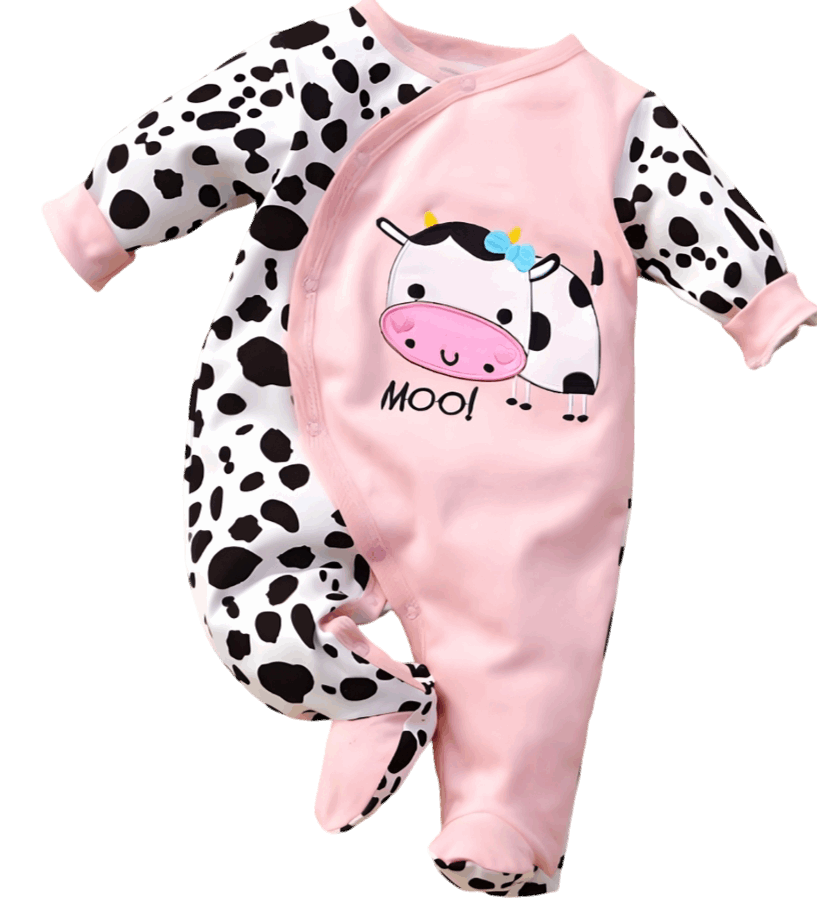 Cute Cow Print Baby Jumpsuit in Soft Cotton for Girls with Footed Design & Snap Closure displayed beautifully, highlighting the playful cow print and pink accents.