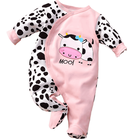 Cute Cow Print Baby Jumpsuit in Soft Cotton for Girls with Footed Design & Snap Closure displayed beautifully, highlighting the playful cow print and pink accents.