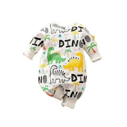 Cute baby boy wearing a dinosaur-themed one-piece romper, ideal for fun and comfort in every little explorer's day.