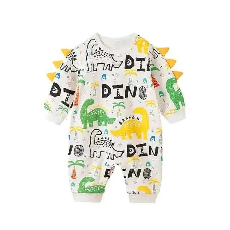 Baby Dinosaur Jumpsuit featuring colorful graphics of dinosaurs and 3D spikes on the shoulders, designed for comfort and easy snap closure for infants and toddlers.