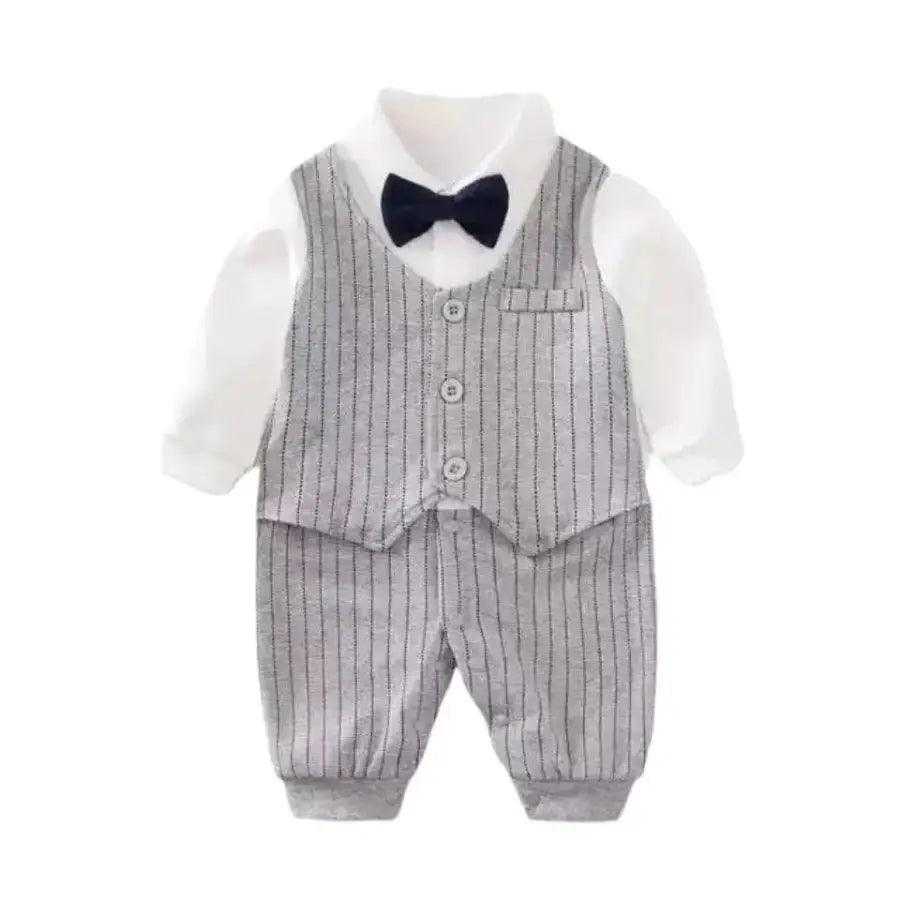 Stylish gray striped baby suit with built-in bow tie and vest, designed for young boys to look dapper at events.