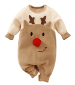 Adorable Reindeer Baby Jumpsuit - Cozy Gender Neutral Outfit for Festive Holidays, highlighting a front view of the reindeer jumpsuit, featuring playful reindeer design with a red nose.