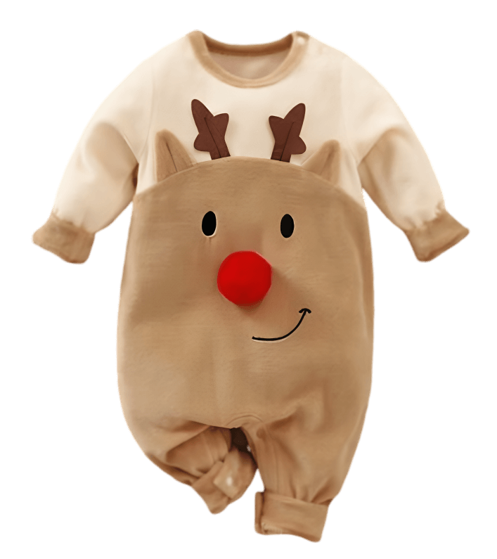 Adorable Reindeer Baby Jumpsuit - Cozy Gender Neutral Outfit for Festive Holidays, highlighting a front view of the reindeer jumpsuit, featuring playful reindeer design with a red nose.