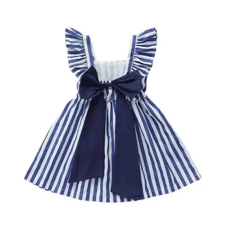Back view of the Vintage Blue & White Striped A-Line Toddler Girl Dress with Flutter Sleeves & Frills, featuring a bow for added charm.