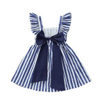 Back view of the Vintage Blue & White Striped A-Line Toddler Girl Dress with Flutter Sleeves & Frills, featuring a bow for added charm.