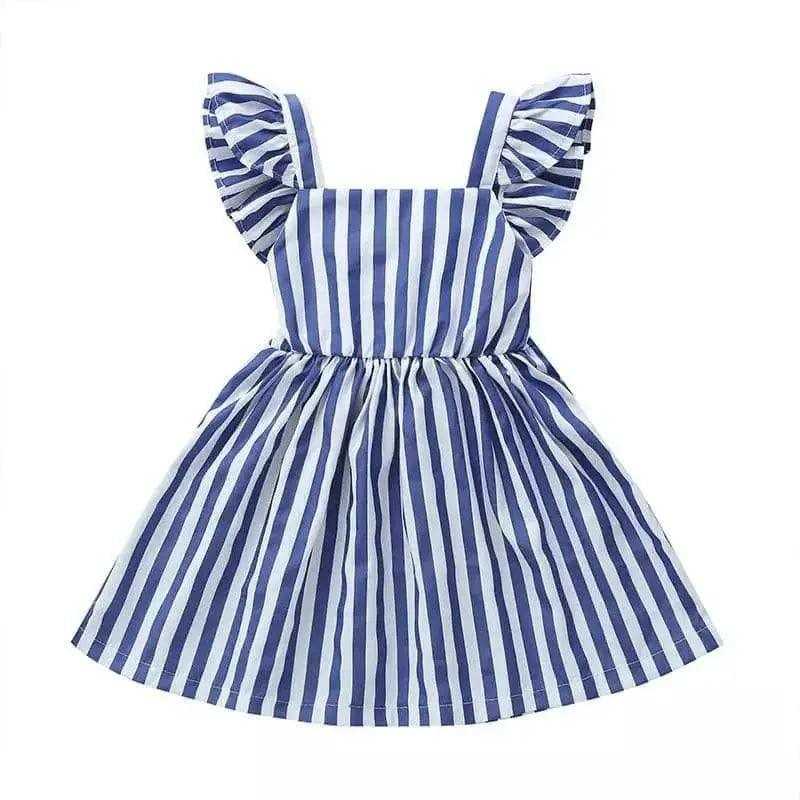 Front view of a Vintage Blue & White Striped A-Line Toddler Girl Dress with Flutter Sleeves & Frills lying flat, showcasing its delicate design.