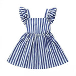 Front view of a Vintage Blue & White Striped A-Line Toddler Girl Dress with Flutter Sleeves & Frills lying flat, showcasing its delicate design.