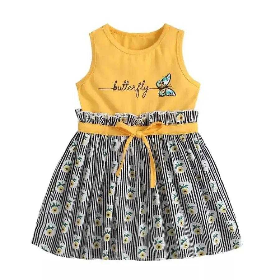 Stylish butterfly dress for girls displayed, showcasing the vibrant yellow top and the floral striped skirt design, perfect for all occasions.