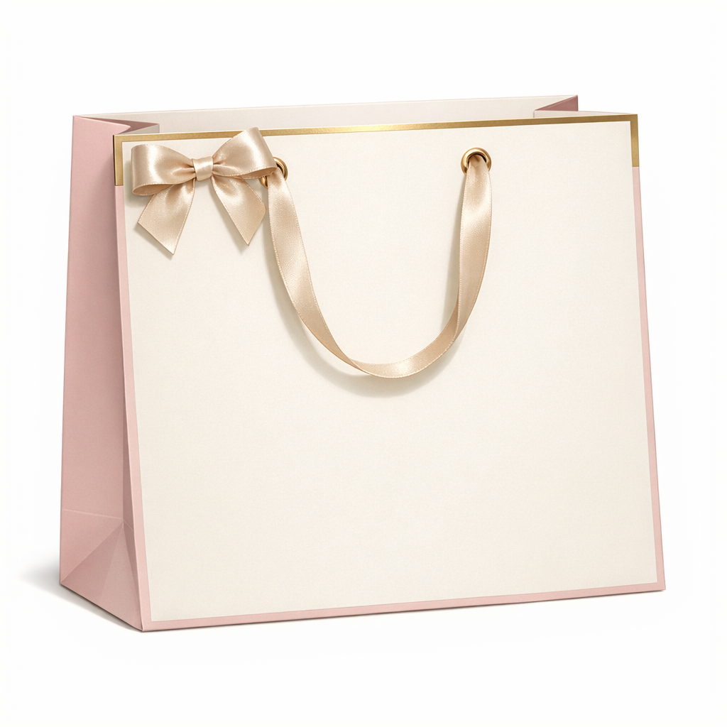 Elegant cream and soft pink gift bag with satin ribbon handles and a decorative bow, perfect for presenting a Surprise Gift.