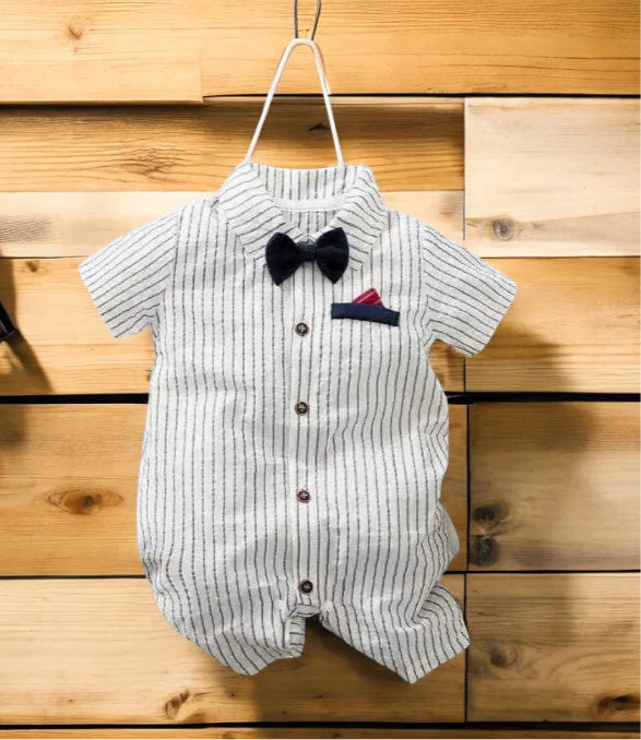 Adorable baby boy in a striped romper with a charming bow tie, perfect for any stylish occasion.  