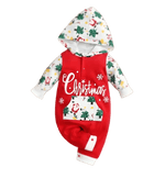 Stylish Cozy Gender Neutral Baby Christmas Jumpsuit With Hood, featuring festive holiday designs and a playful hood, perfect for baby's holiday wardrobe essential.