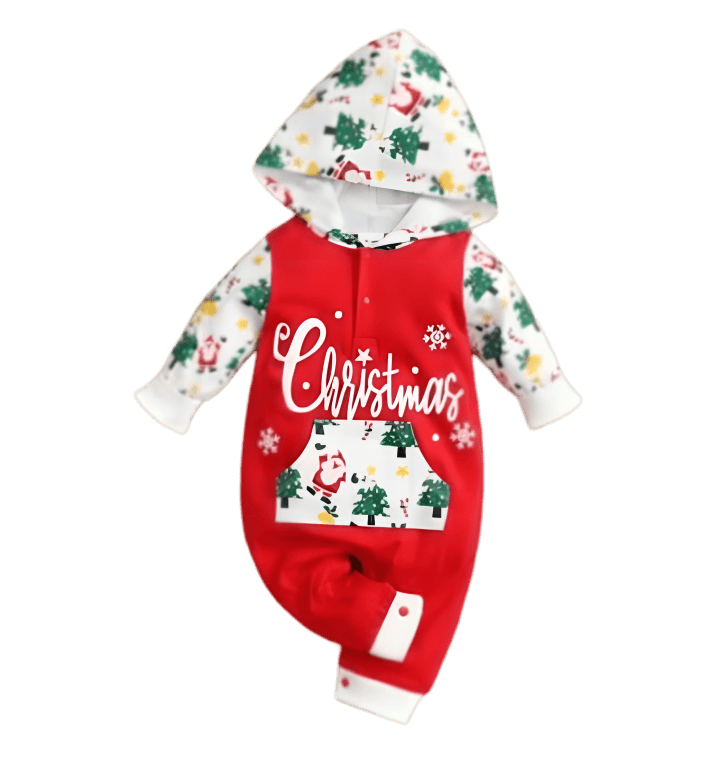 Stylish Cozy Gender Neutral Baby Christmas Jumpsuit With Hood, featuring festive holiday designs and a playful hood, perfect for baby's holiday wardrobe essential.