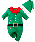 Flat lay of a Green Elf Jumpsuit and Hat, perfect gender-neutral baby outfit for holiday fun, featuring bright green coloring and playful details.