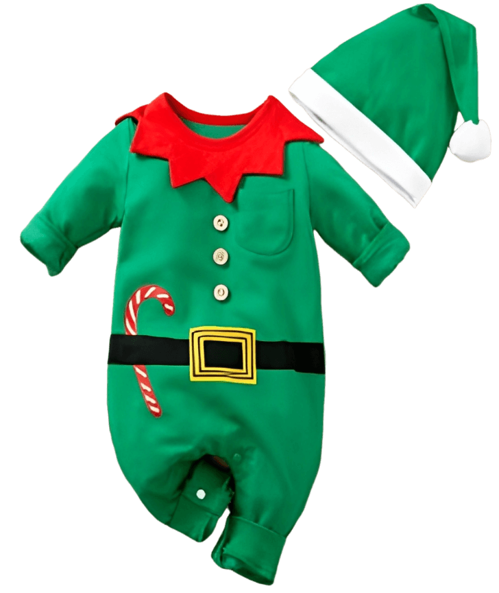 Flat lay of a Green Elf Jumpsuit and Hat, perfect gender-neutral baby outfit for holiday fun, featuring bright green coloring and playful details.