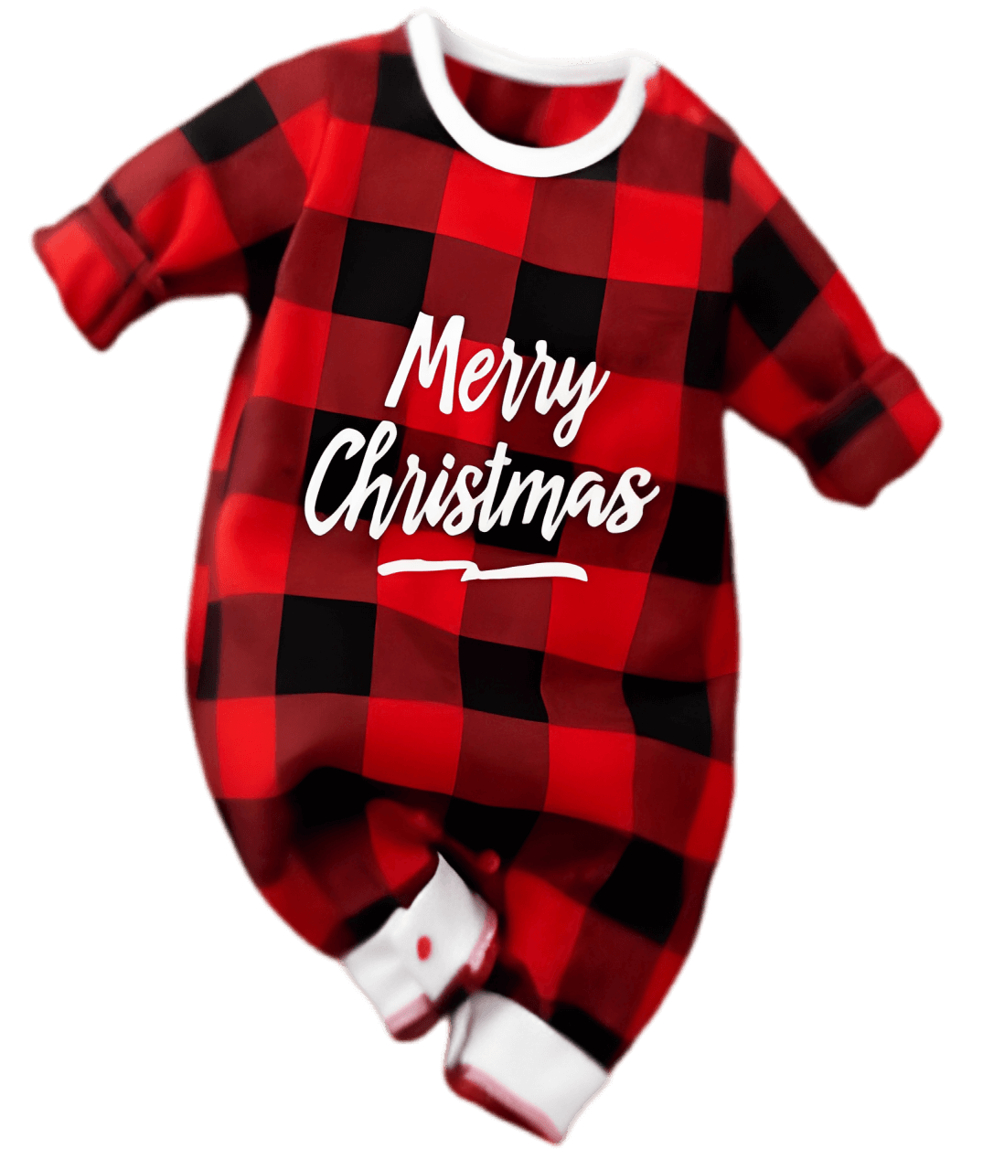 Flat lay of a Gender Neutral Baby Jumpsuit featuring a merry Christmas message in festive plaid design. Ideal for holiday celebrations.