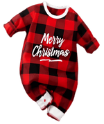 Flat lay of a Gender Neutral Baby Jumpsuit featuring a merry Christmas message in festive plaid design. Ideal for holiday celebrations.