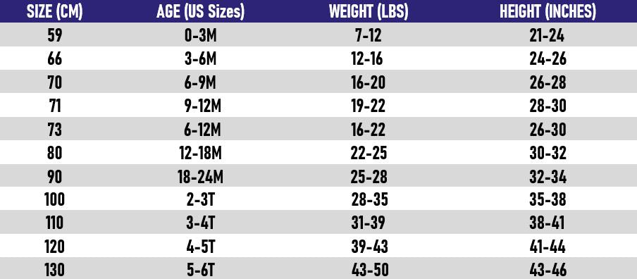 Size chart for baby clothing showing US age sizes, corresponding weight in pounds, and height in inches.