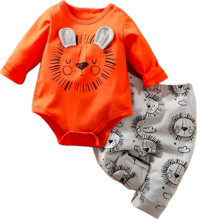 Cute unisex orange baby outfit with a charming lion graphic, ideal for your little cub's wardrobe and playful adventures.