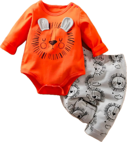 Cute unisex orange baby outfit with a charming lion graphic, ideal for your little cub's wardrobe and playful adventures.