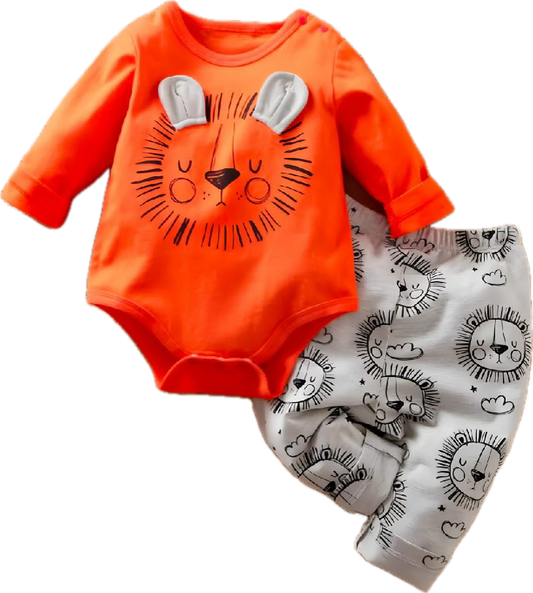 Cute unisex orange baby outfit with a charming lion graphic, ideal for your little cub's wardrobe and playful adventures.