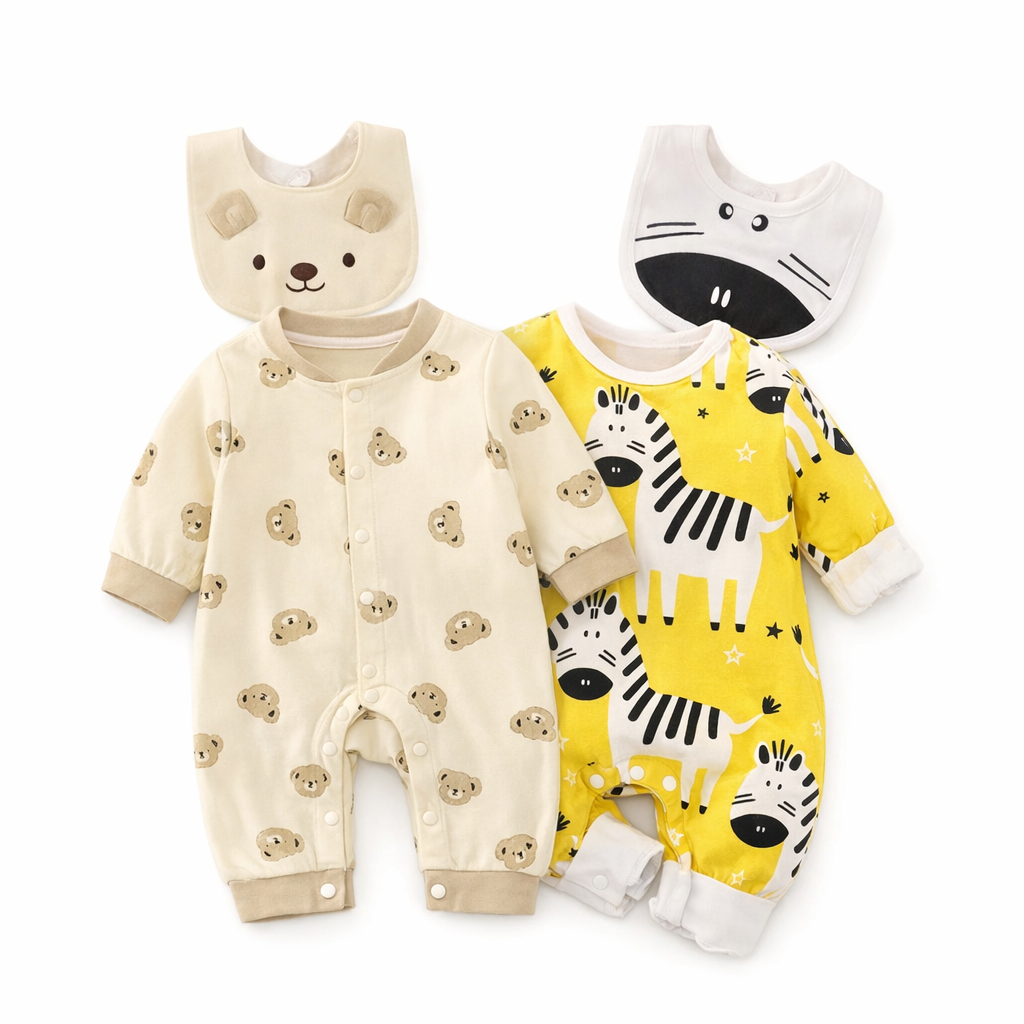Unisex Baby Jumpsuit & Bib Set – Soft Cotton with Snap Closures