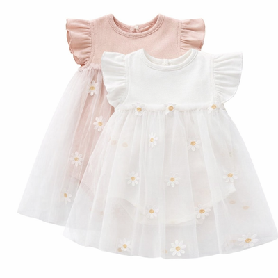 Baby Girl Daisy Romper Dress – Breathable Cotton & Ruffle Sleeves