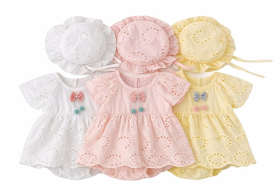 Baby Girl Cotton Romper Dress with Matching Sun Hat