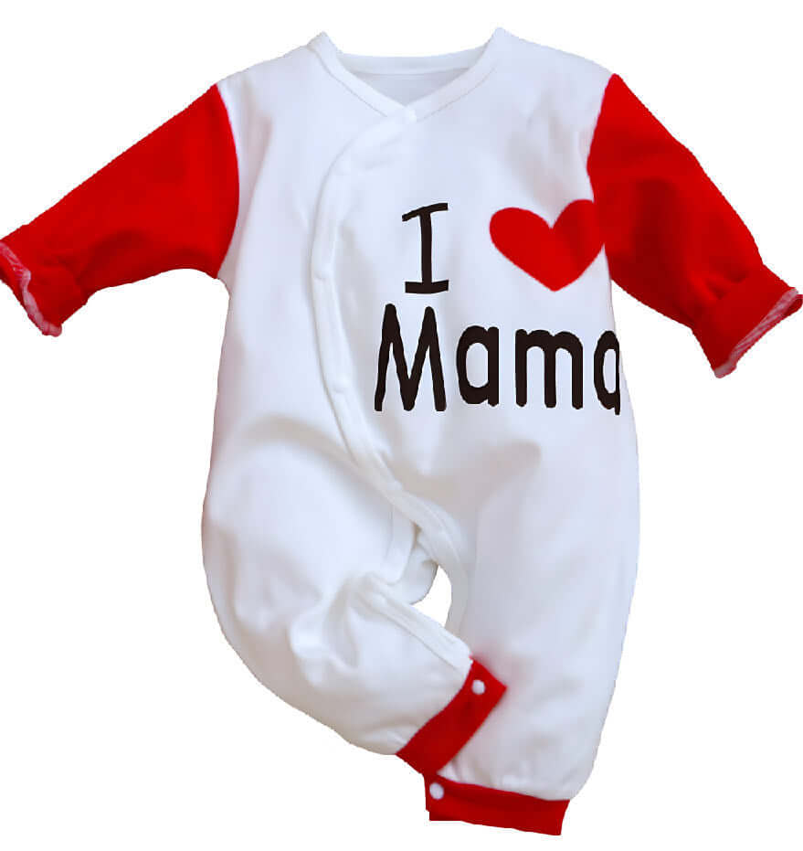 Close-up view of the 'I Love You Mama' baby jumpsuit featuring red sleeves, designed for comfort and style in organic cotton.