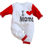 Close-up view of the 'I Love You Mama' baby jumpsuit featuring red sleeves, designed for comfort and style in organic cotton.