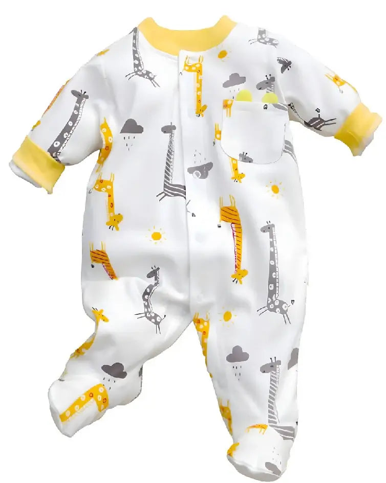 Close-up of a Unisex Giraffe Baby Outfit, featuring vibrant giraffe patterns and a footed design, perfect for your little one.