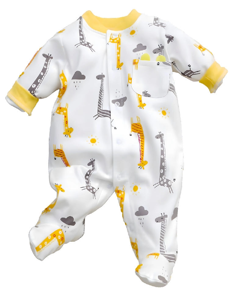 Unisex baby giraffe footed jumpsuit, featuring a playful giraffe print, perfect for keeping your little one cozy and stylish.