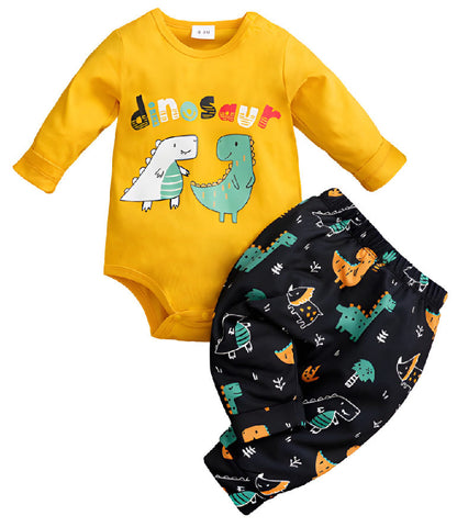 Adorable unisex in a dinosaur outfit with matching pants, perfect for playful adventures and cozy comfort.