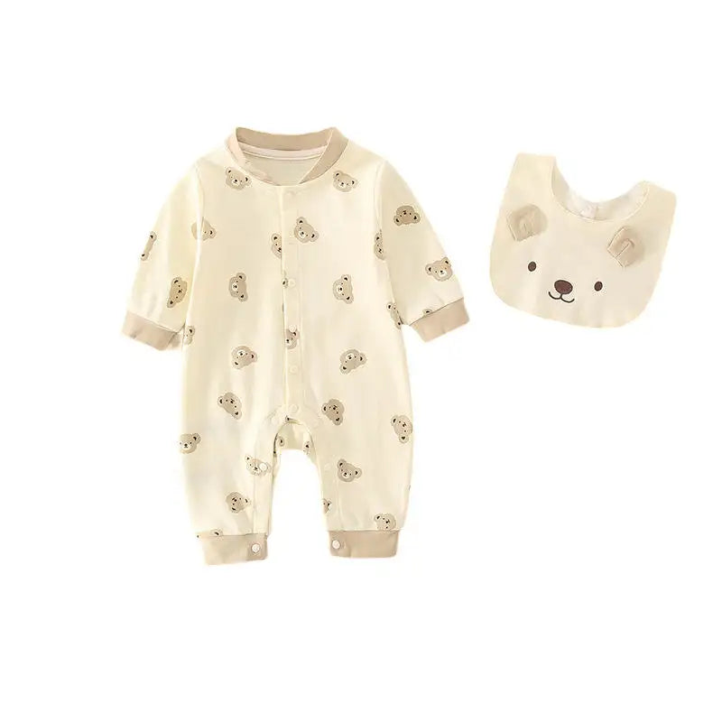 Baby Bear Jumpsuit & Bib Set for Infants - Soft Cotton featuring cute bear faces, snap buttons, and comfy unisex baby outfit