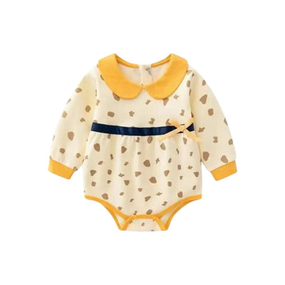 Soft Cotton Baby Bodysuit with Adorable Dots, Chic Collar, and Stylish Bow for Girls in cream and mustard tones