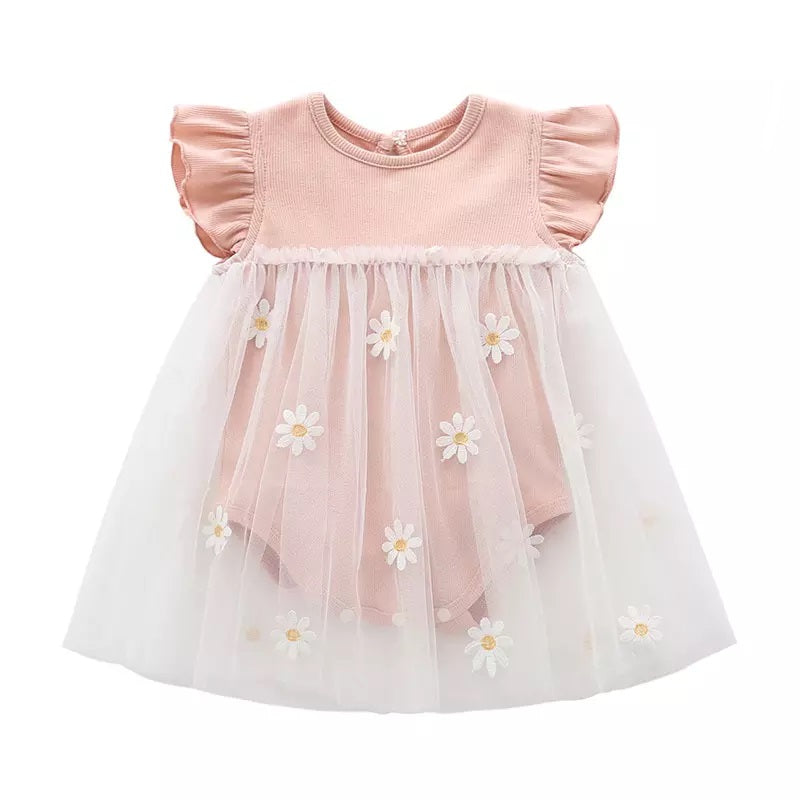 Pink baby romper dress with ruffled sleeves and white daisy embroidered tulle.