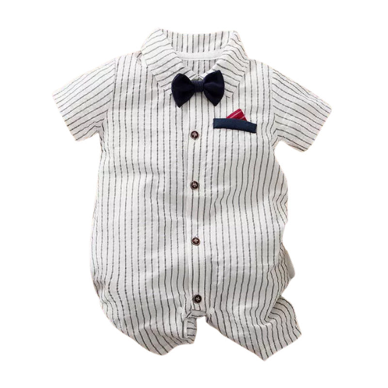 White and black striped baby jumpsuit with a dark blue bow tie and red pocket accent.